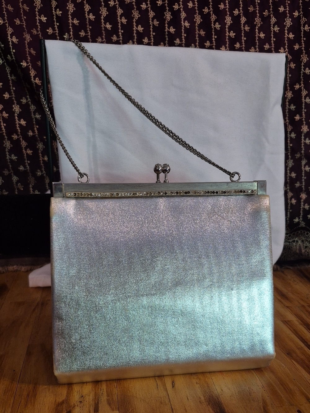 Iridescent Silver Evening Clutch with Chain Strap
